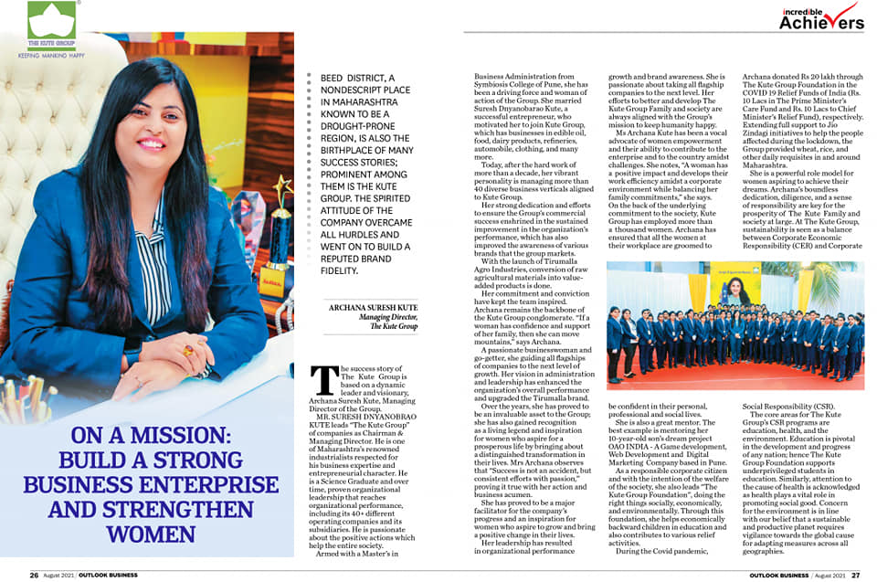 Mrs Archana Suresh Kute (Director-The Kute Group) featured in the leading Outlook Business Magazine