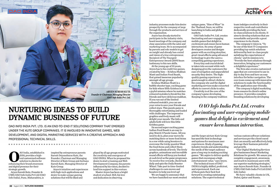 Master Aryen Suresh Kute (Founder and CMD- OAO INDIA) featured in the leading Outlook Business Magazine